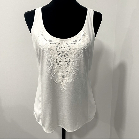 Express Tops - Express White Embellished Mixed Media Tank